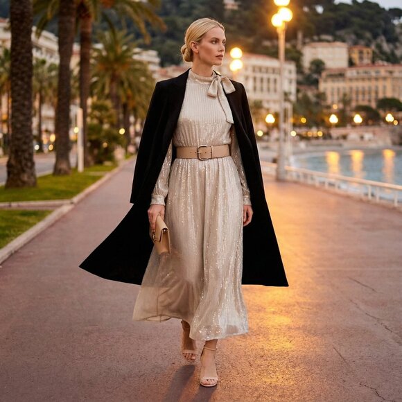 Elegant Champagne Sequin Midi Dress Long Sleeve Premium Style - Picture 5 of 13